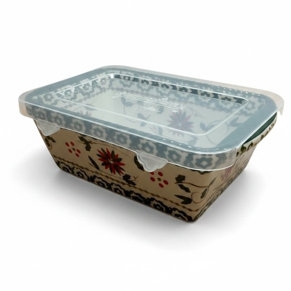 Temp-tations by Tara Holiday Mini Loaf Pan 12oz Ceramic Bakeware Plastic Lid New